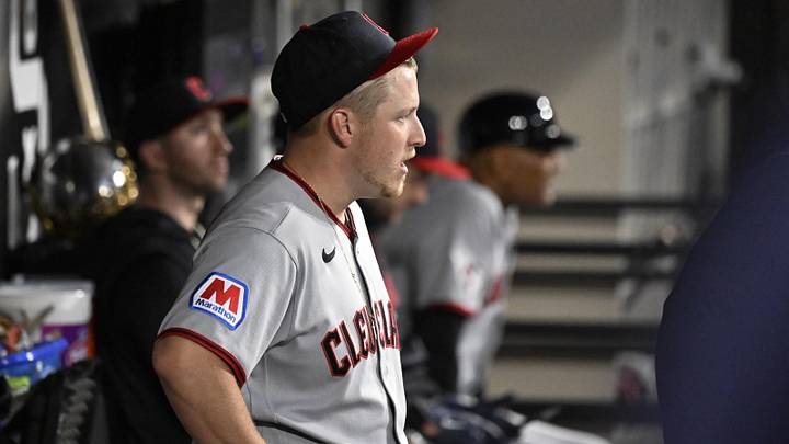Jun 23, 2026: Cleveland Guardians pitcher Parker Messick (77) looks on from the dugout after being relieved during the eighth inning against the Chicago White Sox at Rate Field. 