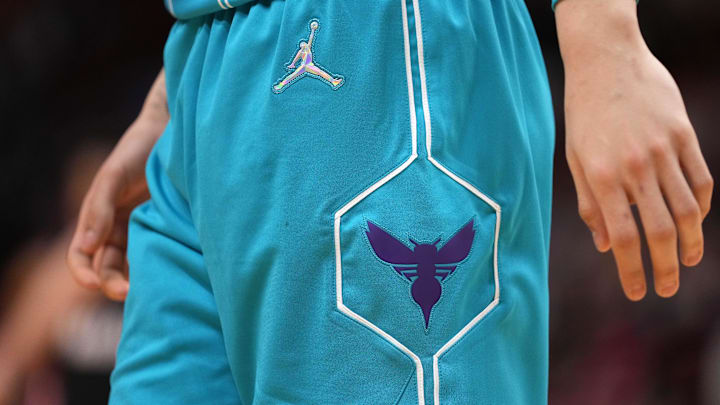 Oct 29, 2021; Miami, Florida, USA; A detailed view of the logos on the short of Charlotte Hornets guard LaMelo Ball (2) during the first half against the Miami Heat at FTX Arena. Mandatory Credit: Jasen Vinlove-Imagn Images