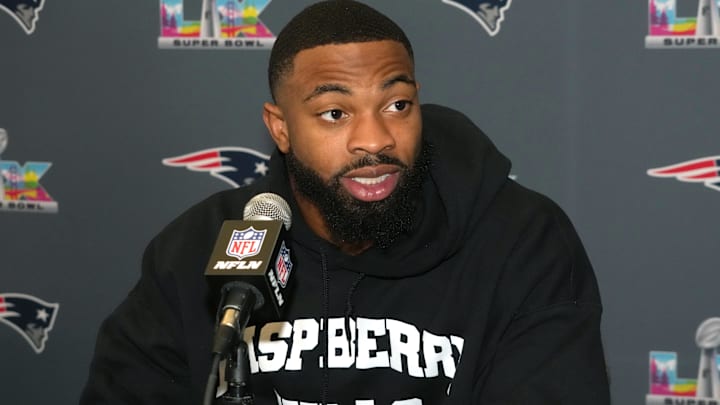 Feb 3, 2026; Santa Clara, CA, USA; New England Patriots linebacker K'lavon Chaisson speaks to the media during Super Bowl LX press conference at Santa Clara Marriott. 