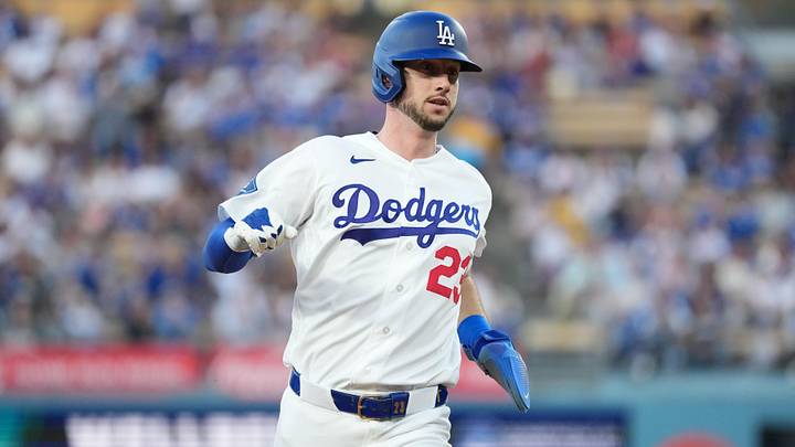 Jun 16, 2026; Los Angeles, California, USA;  Los Angeles Dodgers right fielder Kyle Tucker (23) runs to third base after a single by left fielder Ryan Ward (67, not pictured) during the second inning against the Tampa Bay Rays at Dodger Stadium. Mandatory Credit: Kirby Lee-Imagn Images
