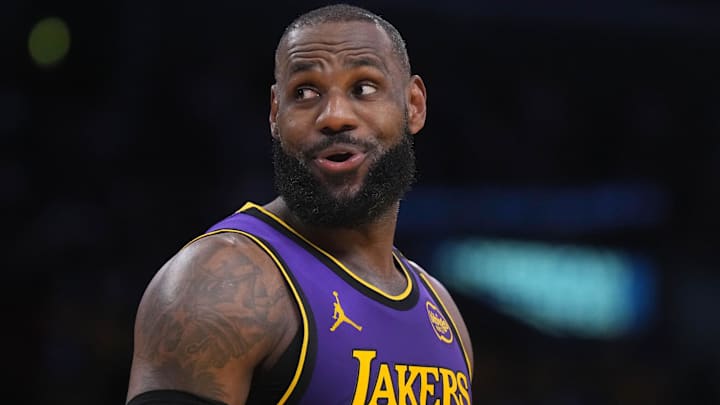 Nov 29, 2024; Los Angeles, California, USA; Los Angeles Lakers forward LeBron James (23) reacts in the first half against the Oklahoma City Thunder at Crypto.com Arena. Mandatory Credit: Kirby Lee-Imagn Images