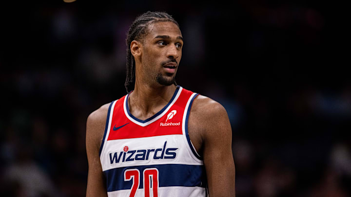 Mar 1, 2025; Charlotte, North Carolina, USA; Washington Wizards forward Alex Sarr (20) looks on during the fourth quarter against the Charlotte Hornets at Spectrum Center. Mandatory Credit: Scott Kinser-Imagn Images