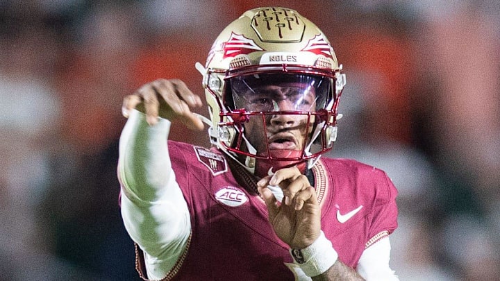 Florida State Seminoles quarterback Tommy Castellanos (1) passes the ball down the field. The Miami Hurricanes defeated the Florida State Seminoles 22-28 at Doak Campbell Stadium on Saturday, Oct. 4, 2025.