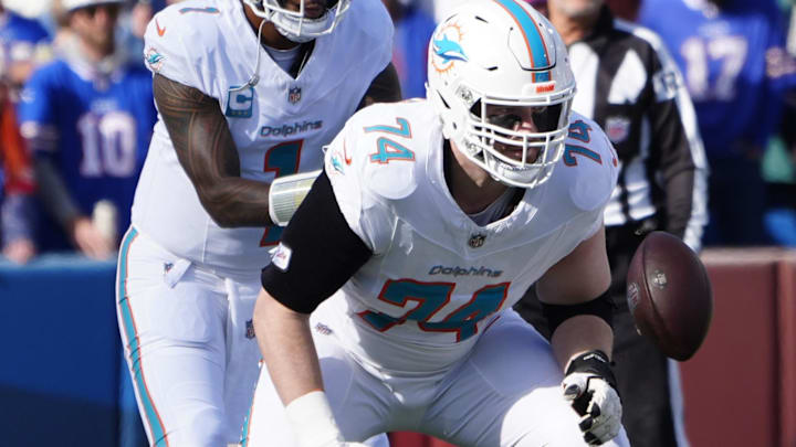 Miami Dolphins guard Liam Eichenberg (74) prepares to block against the Buffalo Bills during the first half at Highmark Stadium in a 2024 game. Miami Dolphins guard Liam Eichenberg (74) prepares to block against the Buffalo Bills during the first half at Highmark Stadium in a 2024 game.