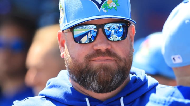 Mar 19, 2026; Dunedin, Florida, USA; Toronto Blue Jays manager John Schneider (14) looks on against the New York Yankees at TD Ballpark. Mar 19, 2026; Dunedin, Florida, USA; Toronto Blue Jays manager John Schneider (14) looks on against the New York Yankees at TD Ballpark.