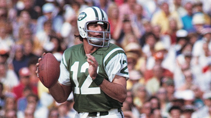 New York Jets quarterback Joe Namath (12) in action against the Miami Dolphins at the Orange Bowl. The Dolphins defeated the Jets 28-24.