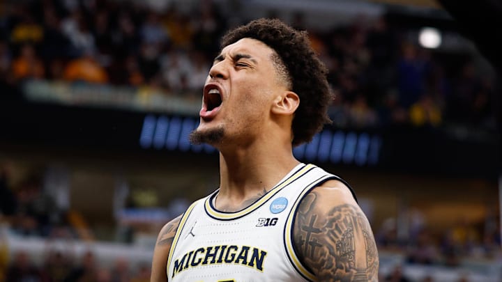 Michigan Wolverines forward Yaxel Lendeborg (23) reacts in the second half against the Tennessee Volunteers during an Elite Eight game of the Midwest Regional of the men's 2026 NCAA Tournament at United Center on March 29, 2026.