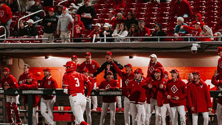 Christian Serrano trots toward first base after hitting a 3-run home run in NC State's 13-6 victory over Miami in the second leg of a doubleheader on May 1, 2026. 