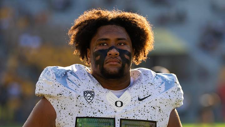 Nov 18, 2023; Tempe, Arizona, USA; Oregon Ducks offensive lineman Iapani Laloulu (72) against the Arizona State Sun Devils at Mountain America Stadium. Mandatory Credit: Mark J. Rebilas-USA TODAY Sports