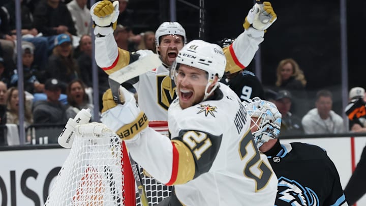 May 1, 2026; Salt Lake City, Utah, USA; Vegas Golden Knights center Brett Howden (21) celebrates scoring a goal against the Utah Mammoth during the first period in game six of the first round of the 2026 Stanley Cup Playoffs at Delta Center. Mandatory Credit: Rob Gray-Imagn Images