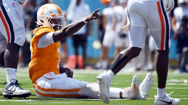 Sep 2, 2023; Nashville, Tennessee, USA; Tennessee Volunteers quarterback Joe Milton III (7) runs for