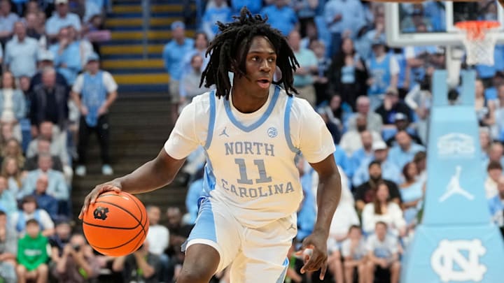 Mar 8, 2025; Chapel Hill, North Carolina, USA;  North Carolina Tar Heels guard Ian Jackson (11) dribbles in the second half at Dean E. Smith Center. Mandatory Credit: Bob Donnan-Imagn Images