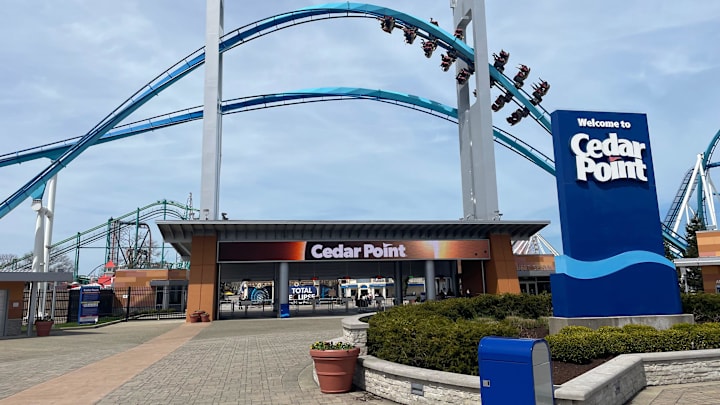 Roller coaster enthusiasts ride Cedar Point’s Gatekeeper before the total eclipse on April 8, 2024. This marks the earliest the amusement park in Sandusky, Ohio, has ever opened in its 150-plus year history.