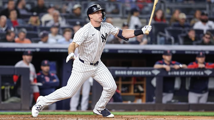 Aug 21, 2025; Bronx, New York, USA; New York Yankees first base Paul Goldschmidt (48) hits an RBI single in the fourth inning against the Boston Red Sox at Yankee Stadium. Mandatory Credit: Wendell Cruz-Imagn Images Aug 21, 2025; Bronx, New York, USA; New York Yankees first base Paul Goldschmidt (48) hits an RBI single in the fourth inning against the Boston Red Sox at Yankee Stadium. Mandatory Credit: Wendell Cruz-Imagn Images