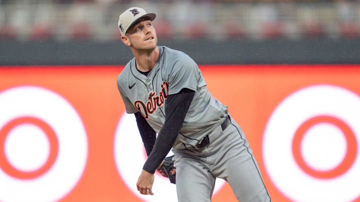 Jul 4, 2024; Minneapolis, Minnesota, USA; Detroit Tigers relief pitcher Joey Wentz (43) pitches in the sixth inning against the Minnesota Twins at Target Field.