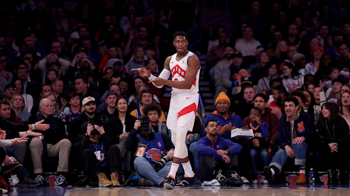 Jan 20, 2024; New York, New York, USA; Toronto Raptors guard RJ Barrett (9) reacts after a basket during the first quarter against the New York Knicks at Madison Square Garden. Mandatory Credit: Brad Penner-Imagn Images