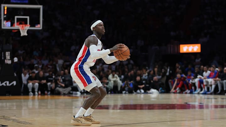 Mar 19, 2025; Miami, Florida, USA; Detroit Pistons guard Dennis Schroder (17) shoots against the Miami Heat during the third quarter at Kaseya Center. Mandatory Credit: Sam Navarro-Imagn Images