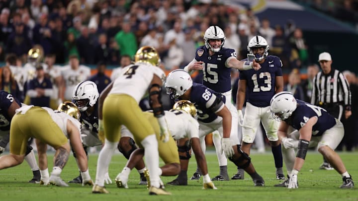 Penn State Nittany Lions quarterback Drew Allar calls a play against the Notre Dame Fighting Irish in the Orange Bowl at Hard Rock Stadium.