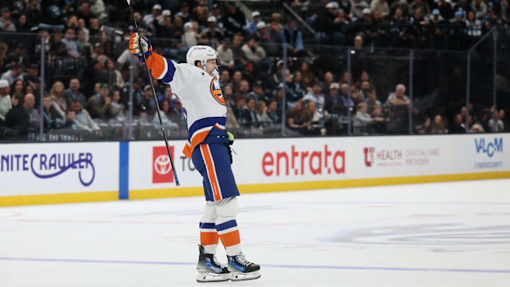 Nov 14, 2025; Salt Lake City, Utah, USA; New York Islanders defenseman Matthew Schaefer (48) reacts to scoring the game winning goal against the Utah Mammoth during overtime at Delta Center. Mandatory Credit: Rob Gray-Imagn Images