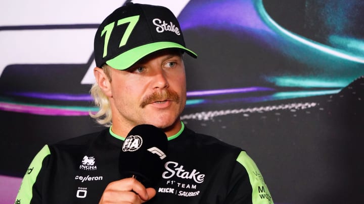 May 2, 2024; Miami Gardens, Florida, USA; Kick Sauber driver Valtteri Bottas (77) addresses the media in advance of the Miami Grand Prix at the Miami International Autodrome. Mandatory Credit: John David Mercer-USA TODAY Sports May 2, 2024; Miami Gardens, Florida, USA; Kick Sauber driver Valtteri Bottas (77) addresses the media in advance of the Miami Grand Prix at the Miami International Autodrome. Mandatory Credit: John David Mercer-USA TODAY Sports