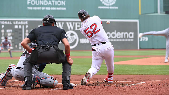 Jun 2, 2024; Boston, Massachusetts, USA;  Boston Red Sox right fielder Wilyer Abreu (52) hits a double against the Detroit Tigers during the first inning at Fenway Park. Mandatory Credit: Eric Canha-USA TODAY Sports