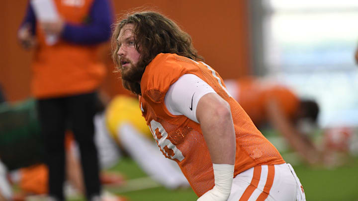 Clemson offensive lineman Blake Miller (78) during Spring Practice in Clemson, S.C. Monday, March 24, 2025.