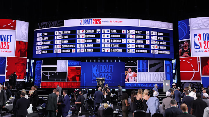 Jun 25, 2025; Brooklyn, NY, USA; General view after the first round of the 2025 NBA Draft at Barclays Center. Mandatory Credit: Brad Penner-Imagn Images Jun 25, 2025; Brooklyn, NY, USA; General view after the first round of the 2025 NBA Draft at Barclays Center. Mandatory Credit: Brad Penner-Imagn Images