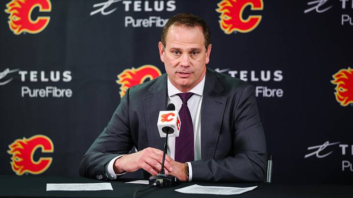 Jan 30, 2025; Calgary, Alberta, CAN; Calgary Flames general manager Craig Conroy during interview after the game against the Anaheim Ducks at Scotiabank Saddledome. Mandatory Credit: Sergei Belski-Imagn Images
