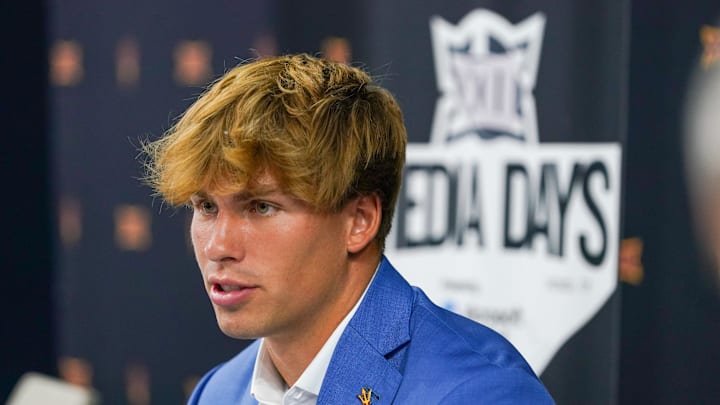 Jul 8, 2025; Frisco, TX, USA; Arizona State quarterback Sam Leavitt answers questions from the media during 2025 Big 12 Football Media Days at The Star. Mandatory Credit: Raymond Carlin III-Imagn Images Jul 8, 2025; Frisco, TX, USA; Arizona State quarterback Sam Leavitt answers questions from the media during 2025 Big 12 Football Media Days at The Star. Mandatory Credit: Raymond Carlin III-Imagn Images
