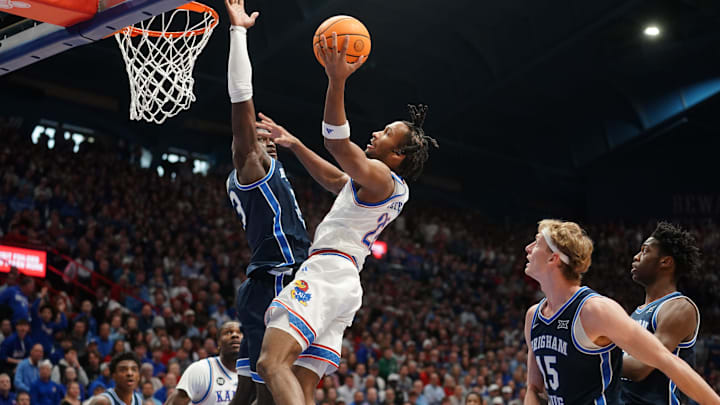 Kansas Jayhawks guard Darryn Peterson (22) shoots a layup against BYU Cougars during the game inside Allen Fieldhouse on Jan. 31, 2026.