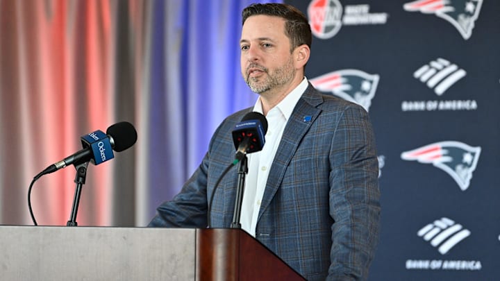 New England Patriots executive vice president of player personnel Eliot Wolf discusses the teamís recent free agent additions with the media at Gillette Stadium. Mandatory Credit: Eric Canha-Imagn Images