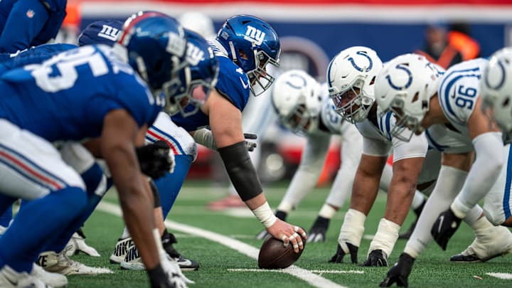 New York Giants offensive line vs. the Indianapolis Colts at MetLife Stadium on Sunday, Dec. 29, 2024.