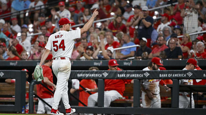 Sep 18, 2024; St. Louis, Missouri, USA;  St. Louis Cardinals starting pitcher Sonny Gray (54) points to the crowd as he walks to the dugout after he was removed from the game against the Pittsburgh Pirates during the sixth inning at Busch Stadium. Mandatory Credit: Jeff Curry-Imagn Images