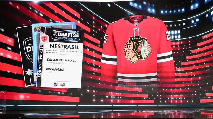 Jun 27, 2025; Los Angeles, California, USA; Vaclav Nestrasil is selected as the 25th overall pick to the Chicago Blackhawks in the first round of the 2025 NHL Draft at Peacock Theater. Mandatory Credit: Kirby Lee-Imagn Images