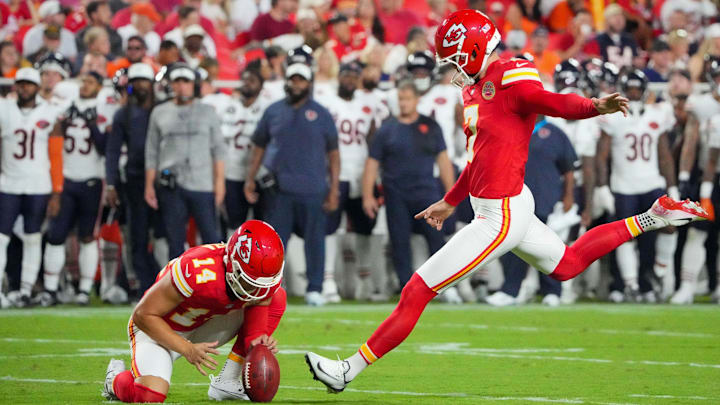 Aug 22, 2025; Kansas City, Missouri, USA; Kansas City Chiefs place kicker Harrison Butker (7) kicks a field goal agains the Chicago Bears during the first half of the game at GEHA Field at Arrowhead Stadium. Mandatory Credit: Denny Medley-Imagn Images