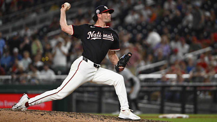 Jul 3, 2025; Washington, District of Columbia, USA; Washington Nationals relief pitcher Kyle Finnegan (67) throws to the Detroit Tigers during the ninth inning at Nationals Park Jul 3, 2025; Washington, District of Columbia, USA; Washington Nationals relief pitcher Kyle Finnegan (67) throws to the Detroit Tigers during the ninth inning at Nationals Park