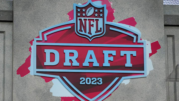 Apr 26, 2023; Kansas City, MO, USA; The 2023 NFL Draft logo on the main stage at Union Station.