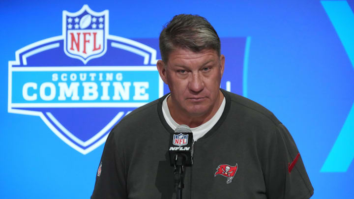 Feb 27, 2024; Indianapolis, IN, USA;Tampa Bay Buccaneers general manager Jason Licht speaks during a press conference during the NFL Scouting Combine at Indiana Convention Center. Mandatory Credit: Kirby Lee-Imagn Images Feb 27, 2024; Indianapolis, IN, USA;Tampa Bay Buccaneers general manager Jason Licht speaks during a press conference during the NFL Scouting Combine at Indiana Convention Center. Mandatory Credit: Kirby Lee-Imagn Images