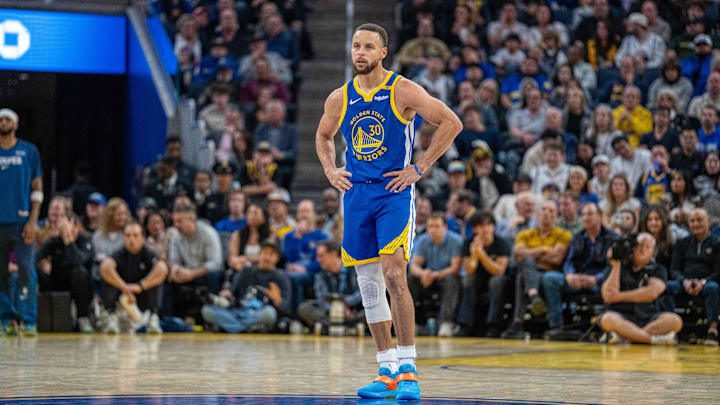 Dec 6, 2024; San Francisco, California, USA; Golden State Warriors guard Stephen Curry (30) waits for the play to start against the Minnesota Timberwolves during the third quarter at Chase Center. Mandatory Credit: Neville E. Guard-Imagn Images