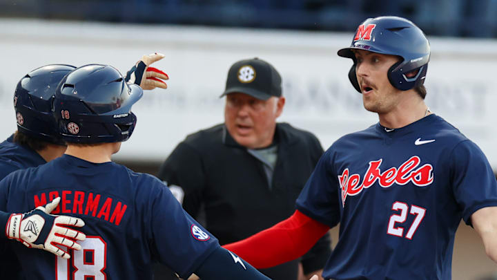 Judd Utermark celebrates hitting a home run during Ole Miss baseball's win over Wright State at Swayze Field on Feb. 28, 2025.