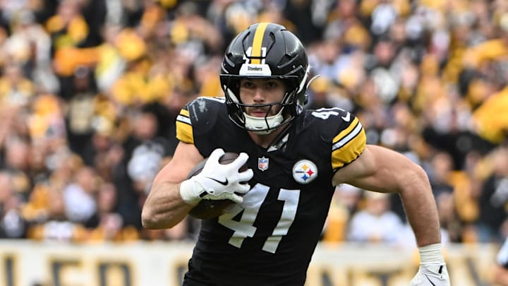 Nov 2, 2025; Pittsburgh, Pennsylvania, USA; Pittsburgh Steelers linebacker Payton Wilson (41) returns an interception against the Indianapolis Colts during the first half at Acrisure Stadium. Mandatory Credit: Barry Reeger-Imagn Images