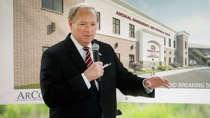 Mississippi State University President Mark Keenum speaks during the groundbreaking ceremony for the expansion of the Animal Emergency and Referral Center, affiliated with the Mississippi State University College of Veterinary Medicine, in Flowood, Miss., Wednesday, May 19, 2021.