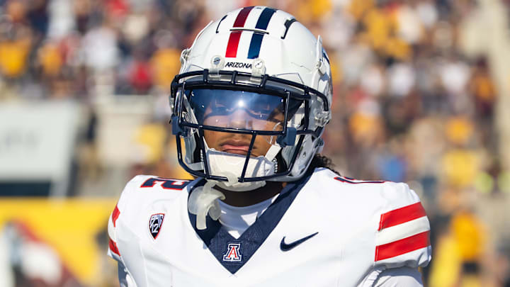 Nov 25, 2023; Tempe, Arizona, USA; Arizona Wildcats safety Genesis Smith (12) against the Arizona State Sun Devils during the Territorial Cup at Mountain America Stadium. 