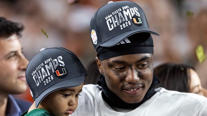 Jan 8, 2026; Glendale, AZ, USA; Miami Hurricanes defensive back Keionte Scott celebrates after defeating the Mississippi Rebels during the 2026 Fiesta Bowl and semifinal game of the College Football Playoff at State Farm Stadium. Mandatory Credit: Mark J. Rebilas-Imagn Images