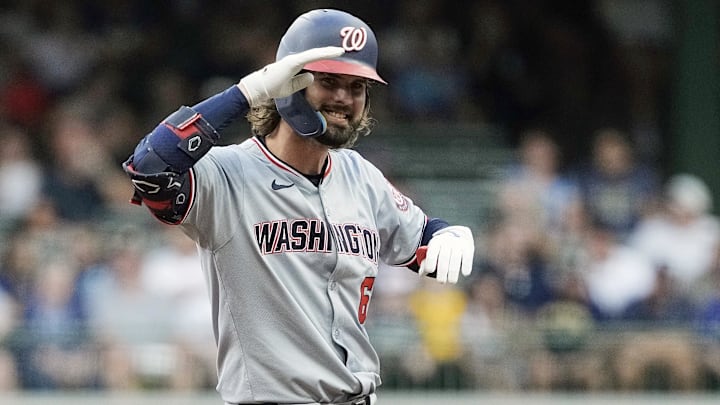 Jul 12, 2024; Milwaukee, Wisconsin, USA; Washington Nationals designated hitter Jesse Winker (6) reacts after hitting a double during the first inning against the Milwaukee Brewers at American Family Field Jul 12, 2024; Milwaukee, Wisconsin, USA; Washington Nationals designated hitter Jesse Winker (6) reacts after hitting a double during the first inning against the Milwaukee Brewers at American Family Field
