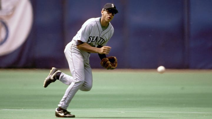 Former Seattle Mariners shortstop Alex Rodriguez fields a ball against the Toronto Blue Jays in 1996 at the Skydome.
