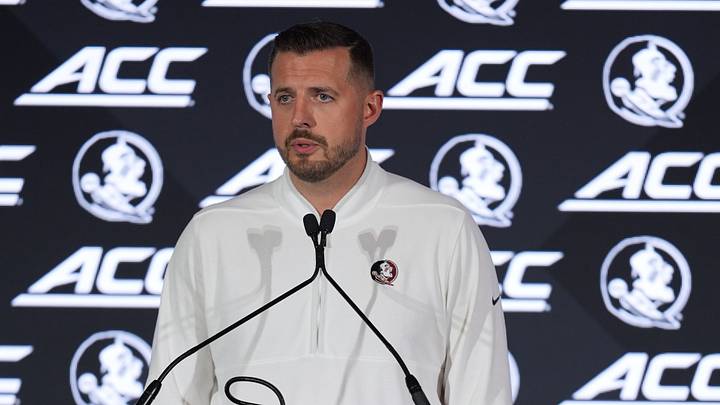 Oct 7, 2026; Charlotte, NC, USA; Florida State Seminoles head coach Luke Loucks answer questions from the media during the ACC Tip-Off in Charlotte, NC. Mandatory Credit: Jim Dedmon-Imagn Images