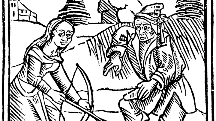 Witch shooting a man in the foot with an enchanted arrow made from a hazel wand, 1489.
