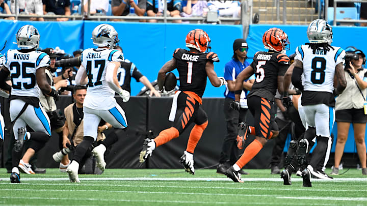 Sep 29, 2024; Charlotte, North Carolina, USA; Cincinnati Bengals wide receiver Ja'Marr Chase (1) scores touchdown in the second quarter at Bank of America Stadium. Mandatory Credit: Bob Donnan-Imagn Images Sep 29, 2024; Charlotte, North Carolina, USA; Cincinnati Bengals wide receiver Ja'Marr Chase (1) scores touchdown in the second quarter at Bank of America Stadium. Mandatory Credit: Bob Donnan-Imagn Images
