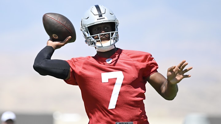Jun 11, 2025; Henderson, NV, USA; Las Vegas Raiders quarterback Geno Smith (7) throws the ball during Las Vegas Raiders Minicamp at Intermountain Health Performance Center. Mandatory Credit: Candice Ward-Imagn Images